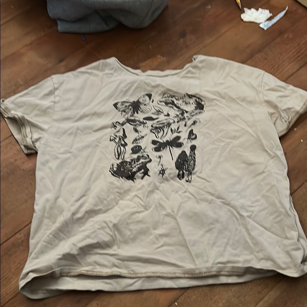Beige Graphic Tee with Black Nature Print